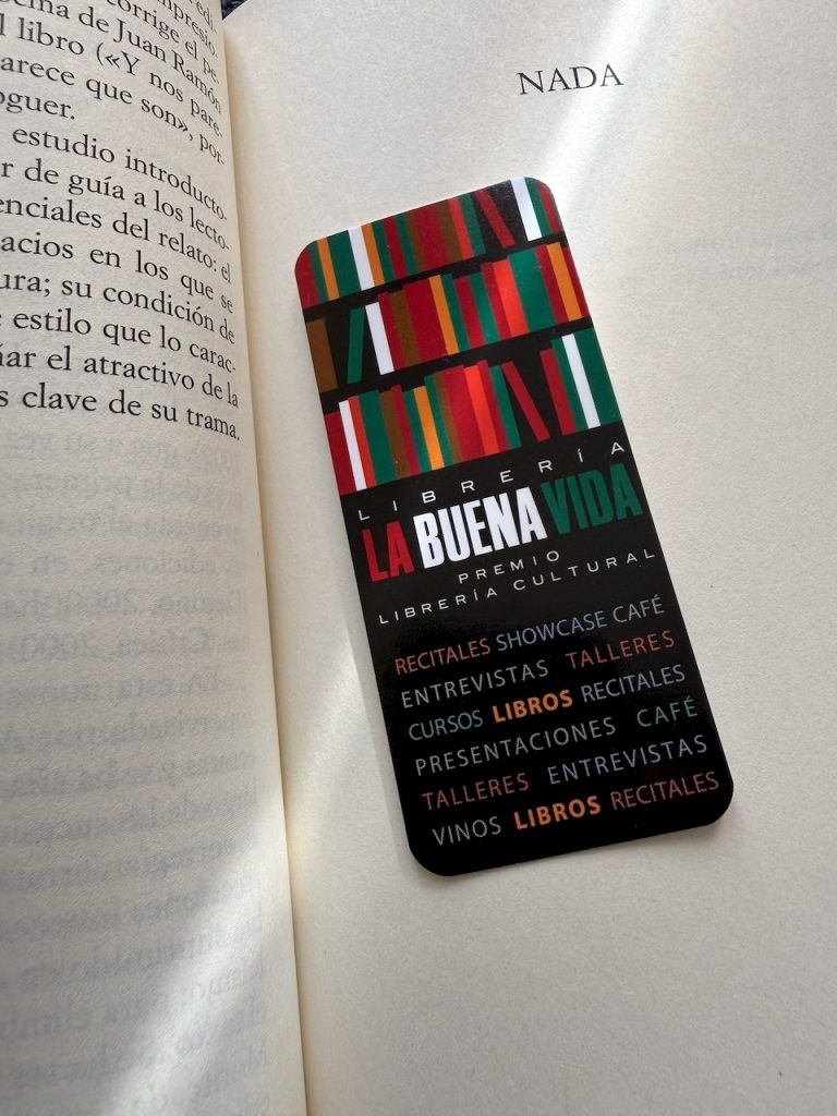 Front of bookmark from bookshop La Buena Vida in Madrid